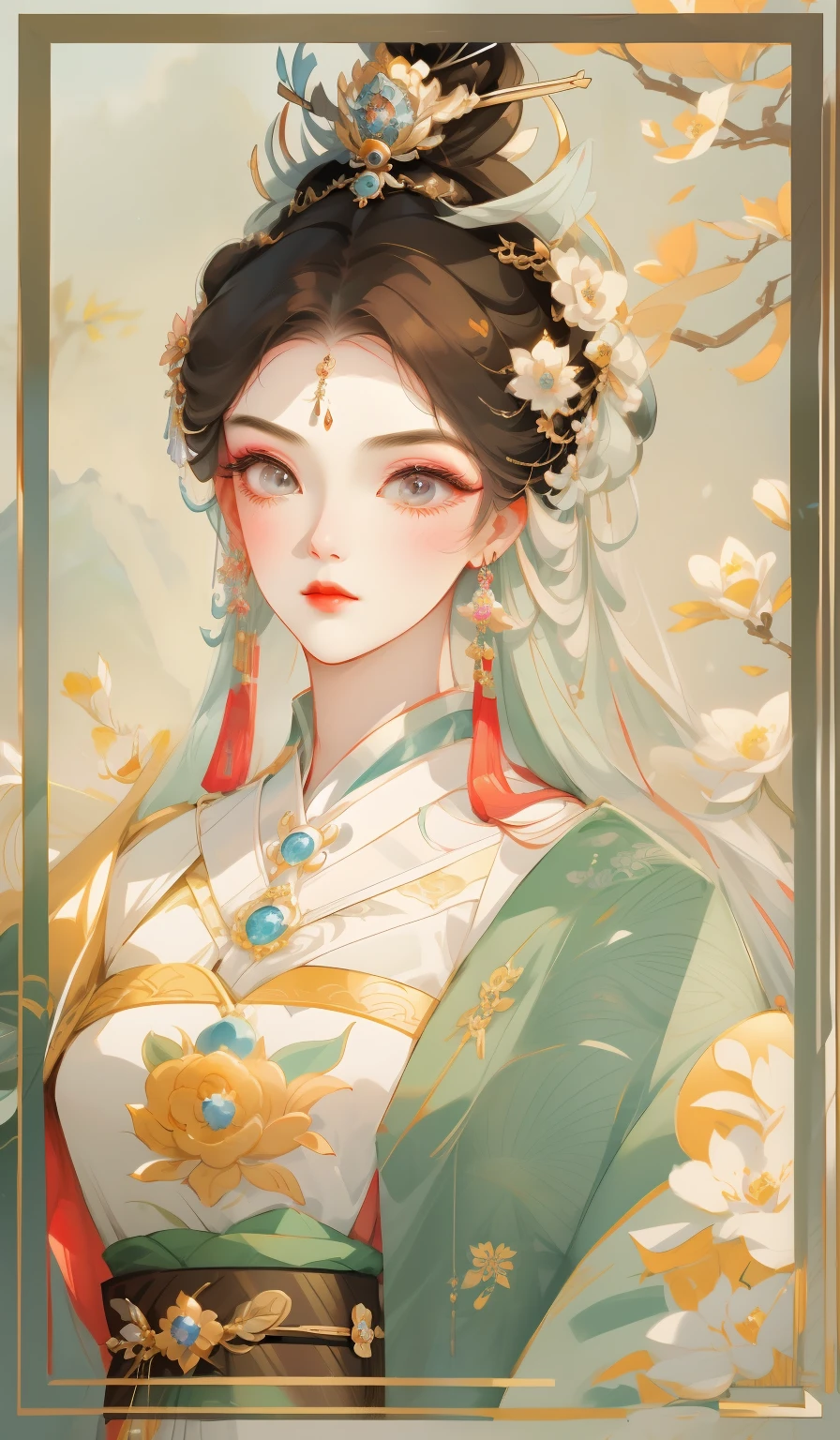 Close-up of a woman with very beautiful hair, beautiful fantasy queen, ((beautiful fantasy queen)), Inspired by Lan Ying, ancient chinese princess, Inspired by Qiu Ying, Queen of China, beautiful figure painting, Inspired by Du Qiong, palace , A girl wearing Hanfu, ancient chinese art style, ancient asian dynasty princess, ancient chinese goddess