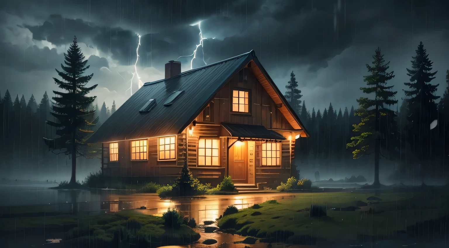 Illustration of a heavy rain with lightning hitting a wooden house in a pine forest