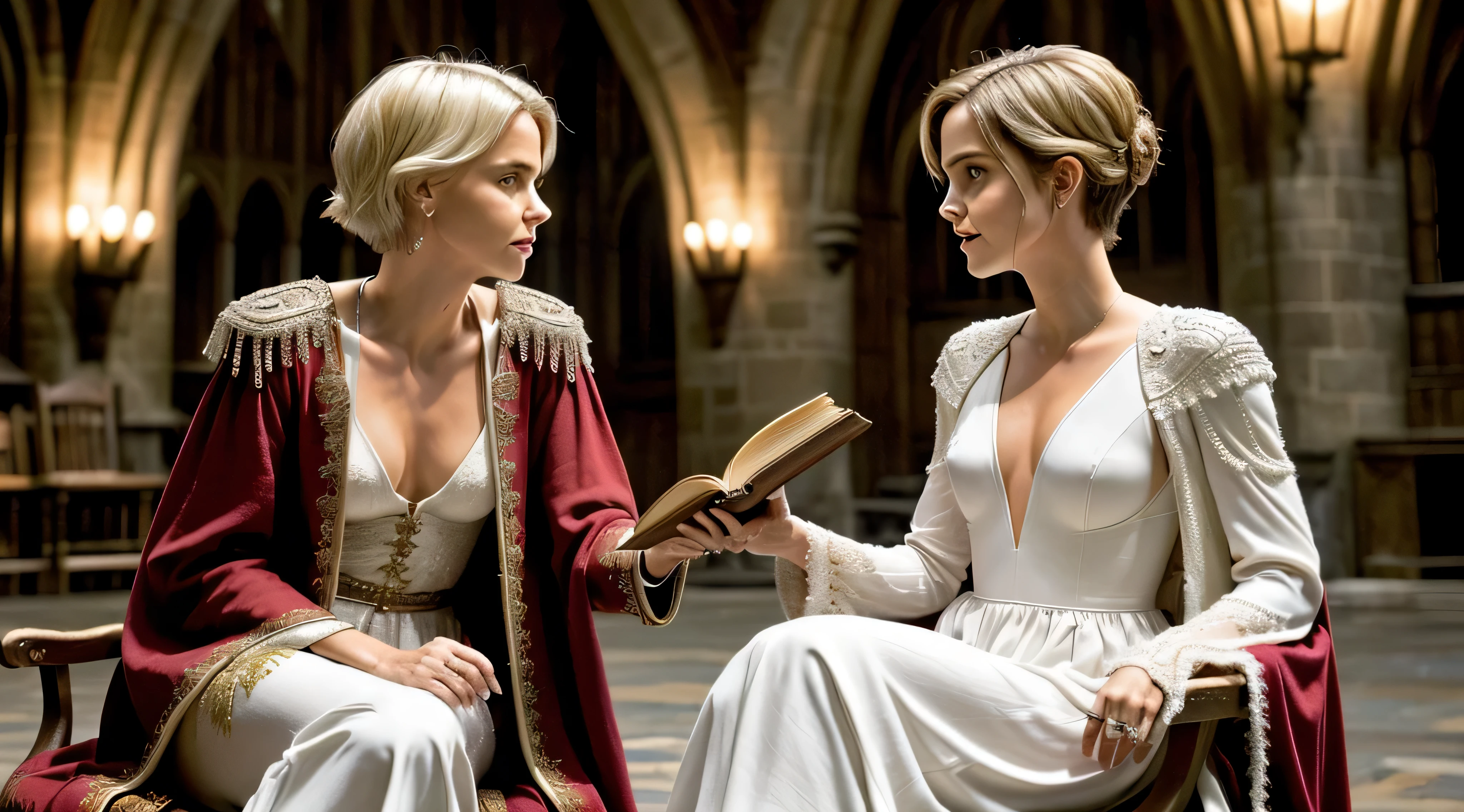 Charlize Theron with a platinum blonde undercut in open white cyber armor, that reveals more than it hides, speaks to Emma Watson in a great hall at Hogwarts, who only wears a wide-open red wizard&#39;s robe, Charlize zeigt Emma ein altes Buch mit interessanten Verzierungen, sie sitzen auf schweren Sesseln