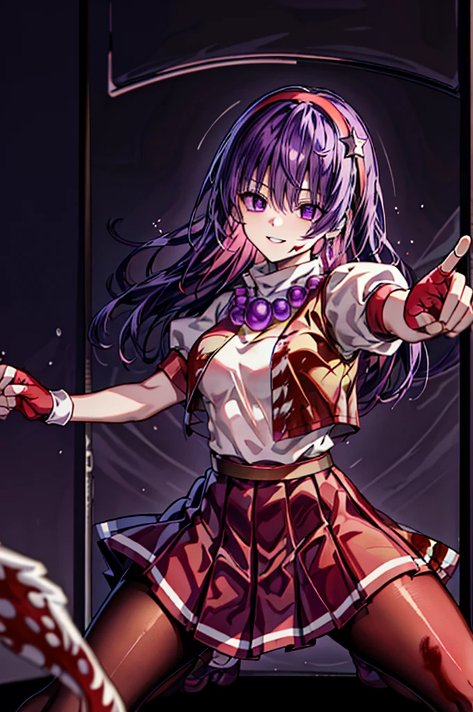 (masterpiece)、(top-quality)、(ultra-detailliert)、intricate detailes、athena97、(1girl in)、独奏、Purple eyes、Purple hair、length hair、White earrings、red hairband、Star hair ornament、Medium Breath、Red vest、White turtleneck、White Puff Sleeves、shortsleeves、Red pleated skirt、(Crimson pantyhose:1.2)、Black pantyhose、Yellow belt、purple sphere shape necklace、Red fingerless gloves、White short socks、Red shoes、evil smile、NSFW、、anime styled、(Blood on the face:1.4)、(Fighting stance:1.6)、hypnoLora、
Empty eyes