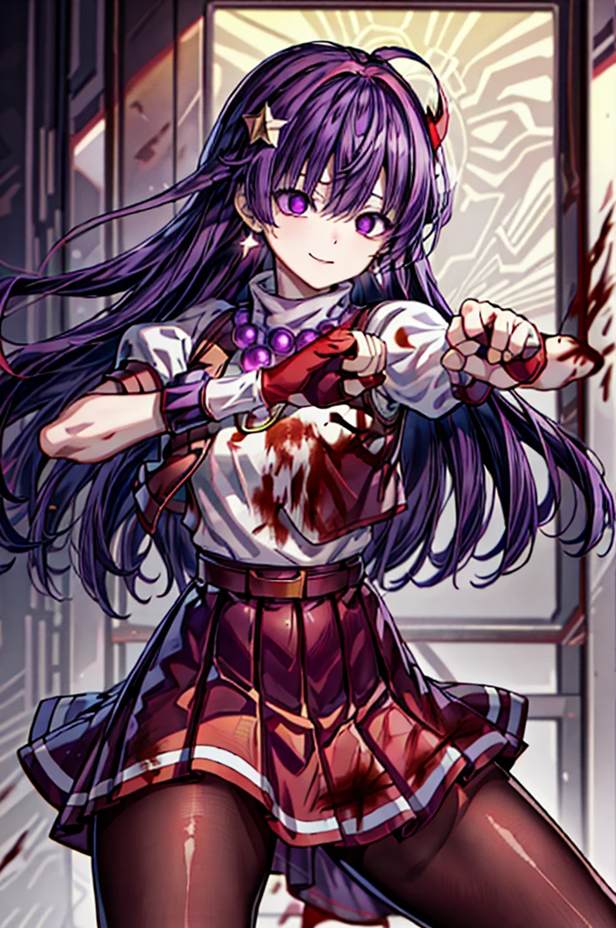 (masterpiece)、(top-quality)、(ultra-detailliert)、intricate detailes、athena97、(1girl in)、独奏、Purple eyes、Purple hair、length hair、White earrings、red hairband、Star hair ornament、Medium Breath、Red vest、White turtleneck、White Puff Sleeves、shortsleeves、Red pleated skirt、(Crimson pantyhose:1.2)、Black pantyhose、Yellow belt、purple sphere shape necklace、Red fingerless gloves、White short socks、Red shoes、evil smile、NSFW、、anime styled、(Blood on the face:1.4)、(Fighting stance:1.6)、hypnoLora、
Empty eyes