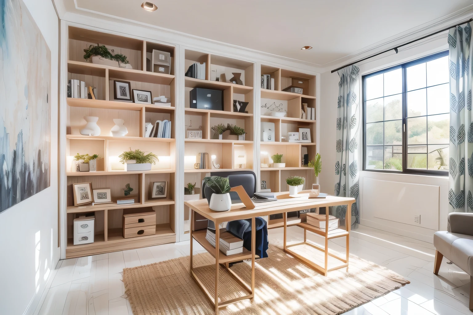 A sala de estar minimalista foi projetada para proporcionar um ambiente calmo, sereno e funcional, where each element carefully chosen to create a sense of harmony and simplicity. The color palette will be neutral, with a predominance of tones such as white, cinza, bege e alguns toques sutis de preto. The space will be arranged in a way that maximizes the feeling of open and airy space. Here are the main features of the project: 1. Cores e Materiais: -Paredes: Pintura em branco ou tons neutros suaves, allowing natural light to reflect and enlarge the space. -Ground: Piso de madeira ou laminado de cor clara, proporcionando um ambiente acolhedor e aconchegante. -Furniture: Furniture finished in natural wood or white lacquer, combinados com tecidos suaves e texturas discretas. 2. Layout: -Ar livre: Opte por um layout aberto, without too many divisions, to facilitate circulation and create a sense of spaciousness. - Zonas Funcionais: Divide the space into functional zones, as a seating area, Reading area and entertainment space. - Circulation Flow: Make sure there a, Unobstructed flow of circulation for a more comfortable experience. 3. furniture: -Sofa: A sofa of design and straight lines, estofado em um tecido neutro, a perfect choice for the minimalist living room. - Mesas de centro: Opt for a coffee table with geometric shape, feita de materiais como madeira, vidro ou metal. - Estante: A bookcase with a minimalist design can be used to display books and decorations, Maintain the organization of the space. 4. Uplighting: - Luz Natural: Allow natural light to enter freely through unobstructed windows, giving a feeling of freshness to the environment. - Artificial Lighting: Use discreet and elegant ceiling lamps, along with floor or table lamps, to create a warm atmosphere at night. 5. decoration: - Toques de Cor: Adicione pequenos detalhe