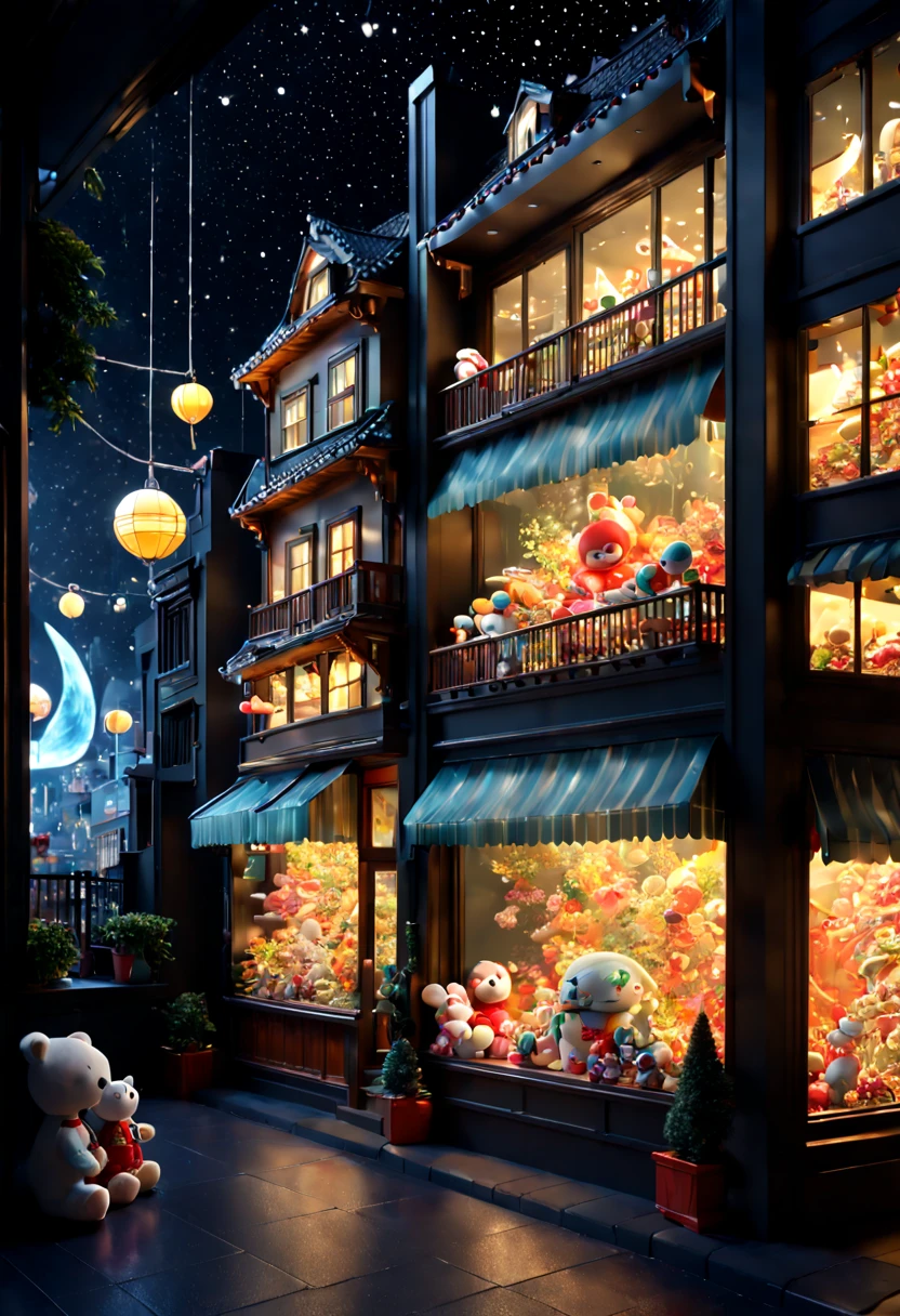 Toy Store Window Display, night, by Chiho Aoshima, octane render, enhance, intricate, (best quality, masterpiece, Representative work, official art, Professional, 8k wallpaper)