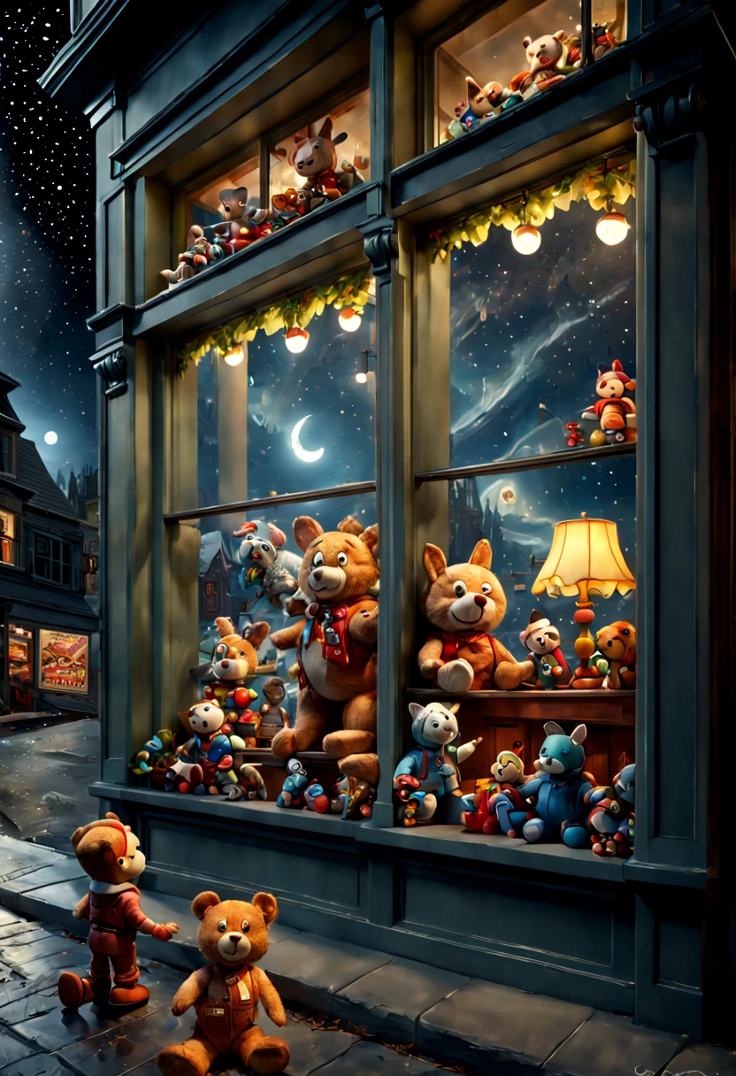 Toy Store Window Display, night, by Bob Byerley, octane render, enhance, intricate, (best quality, masterpiece, Representative work, official art, Professional, 8k wallpaper)