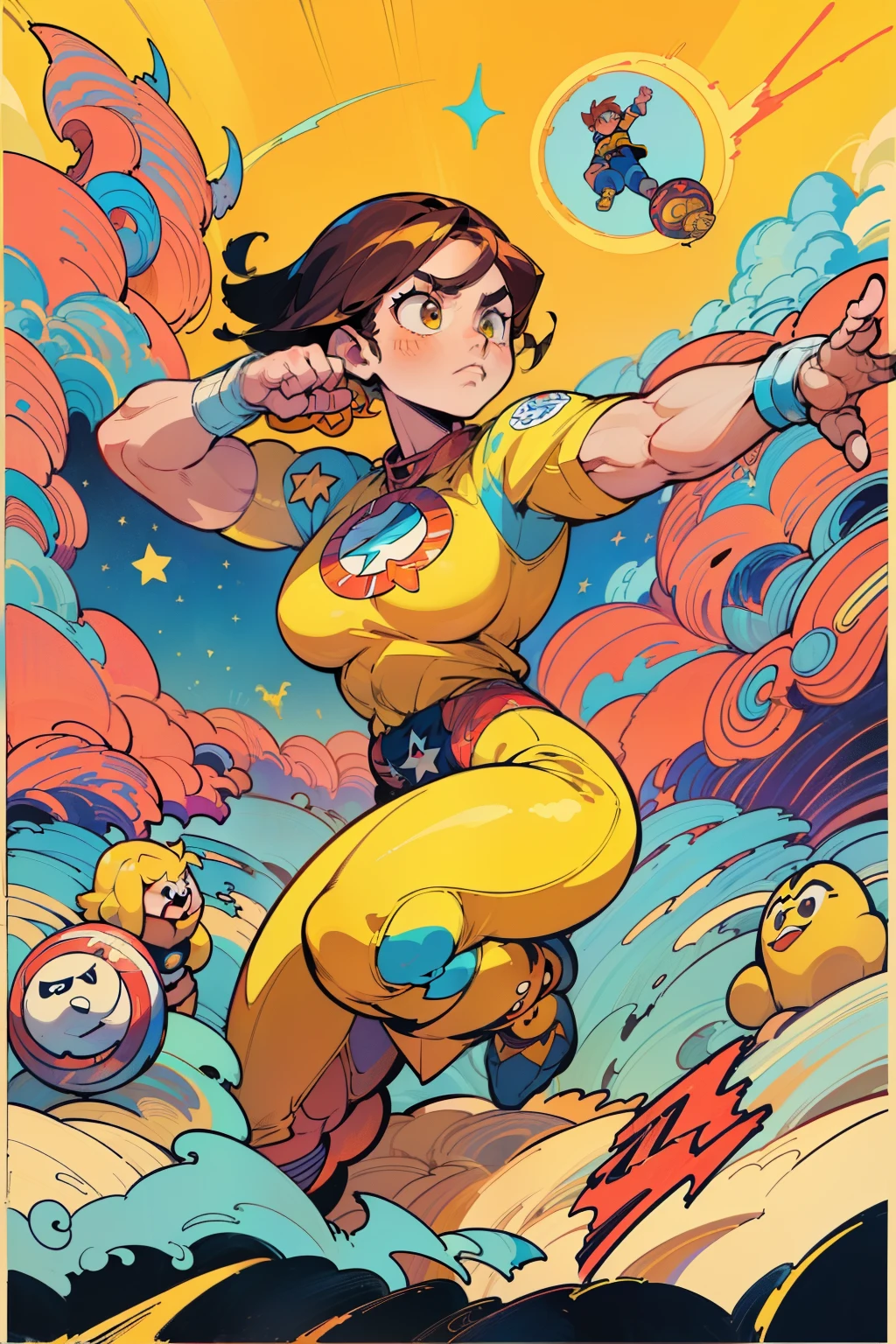 highest quality、masterpiece、woman、(((american comics))), (((muscular and beautiful, Composition with a circle motif, yellow, wearing creative clothes, comic con poster、MARVEL、Hero、 technical landscape、dynamic composition、It's powerful、アメコミHero