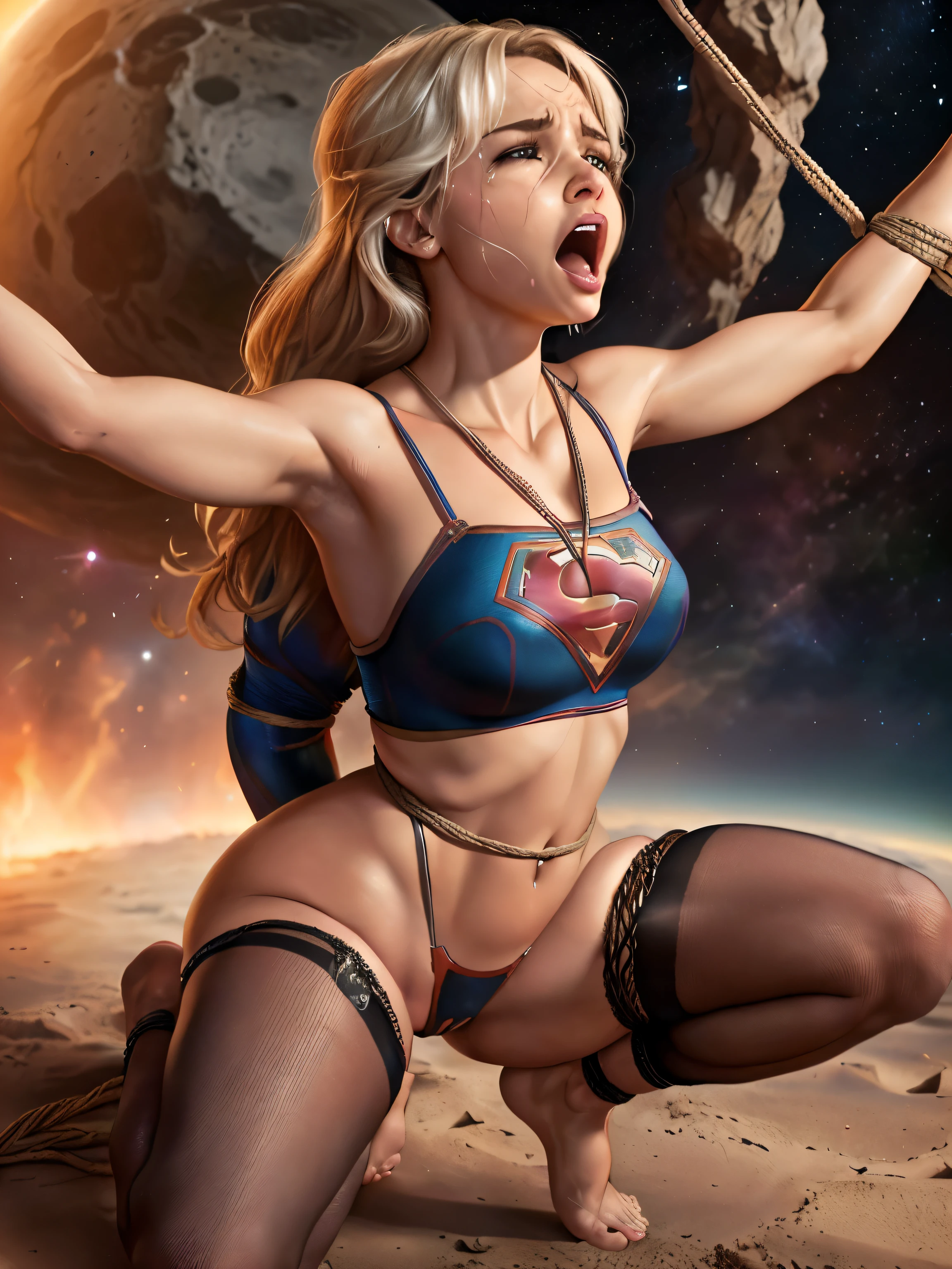 (((full body view))), (((Ela tem cabelos loiros))), ((SUPERGIRL is on a burning asteroid in outer space, Emotional expression,expression of pain e desespero, gritando de dor, Expression of suffering, olhos arregalados)) , ((SUPERHEROINE SUPERGIRL fazendo meio agachamento, pernas abertas)), (Supergirl usando uma grande calcinha vermelha). ((SUPERGIRL tem cabelo muito loiro, ela tem cabelo longo)), ((SUPERGIRL wearing fishnet pantyhose)), ( she is barefoot), ((SUPERGIRL wearing a thick metal necklace around her neck )), (Your clothes are immoral, your clothes are indecent, your clothes are tight), ((Shibari, arms behind the back:1.4)), ((hands on back)), ((string restriction)), ((Inevitable restriction with ropes)), (obra-prima, melhor qualidade) 1.5, 1 garota, sozinho, (sexy, mulher bonita, rosto perfeito, olhos perfeitos) corpo inteiro, ((High definition face)), ((SUPERGIRL com olhos arregalados, boca aberta, expression of fear, expression of pain, despair expression, chorando muito, gritando de dor), (((full body view)))