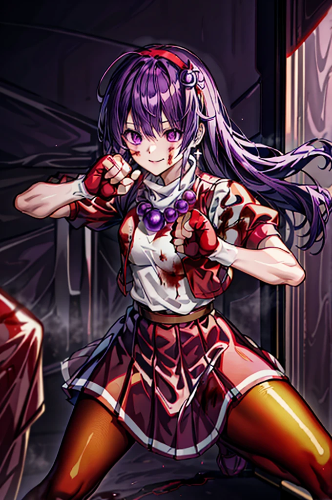 (masterpiece)、(top-quality)、(ultra-detailliert)、intricate detailes、athena97、(1girl in)、独奏、Purple eyes、Purple hair、length hair、White earrings、red hairband、Star hair ornament、Medium Breath、Red vest、White turtleneck、White Puff Sleeves、shortsleeves、Red pleated skirt、(Crimson pantyhose:1.2)、Black pantyhose、Yellow belt、purple sphere shape necklace、Red fingerless gloves、White short socks、Red shoes、evil smile、NSFW、、anime styled、(Blood on the face:1.4)、(Fighting stance:1.6)、hypnoLora、
Empty eyes,全身図