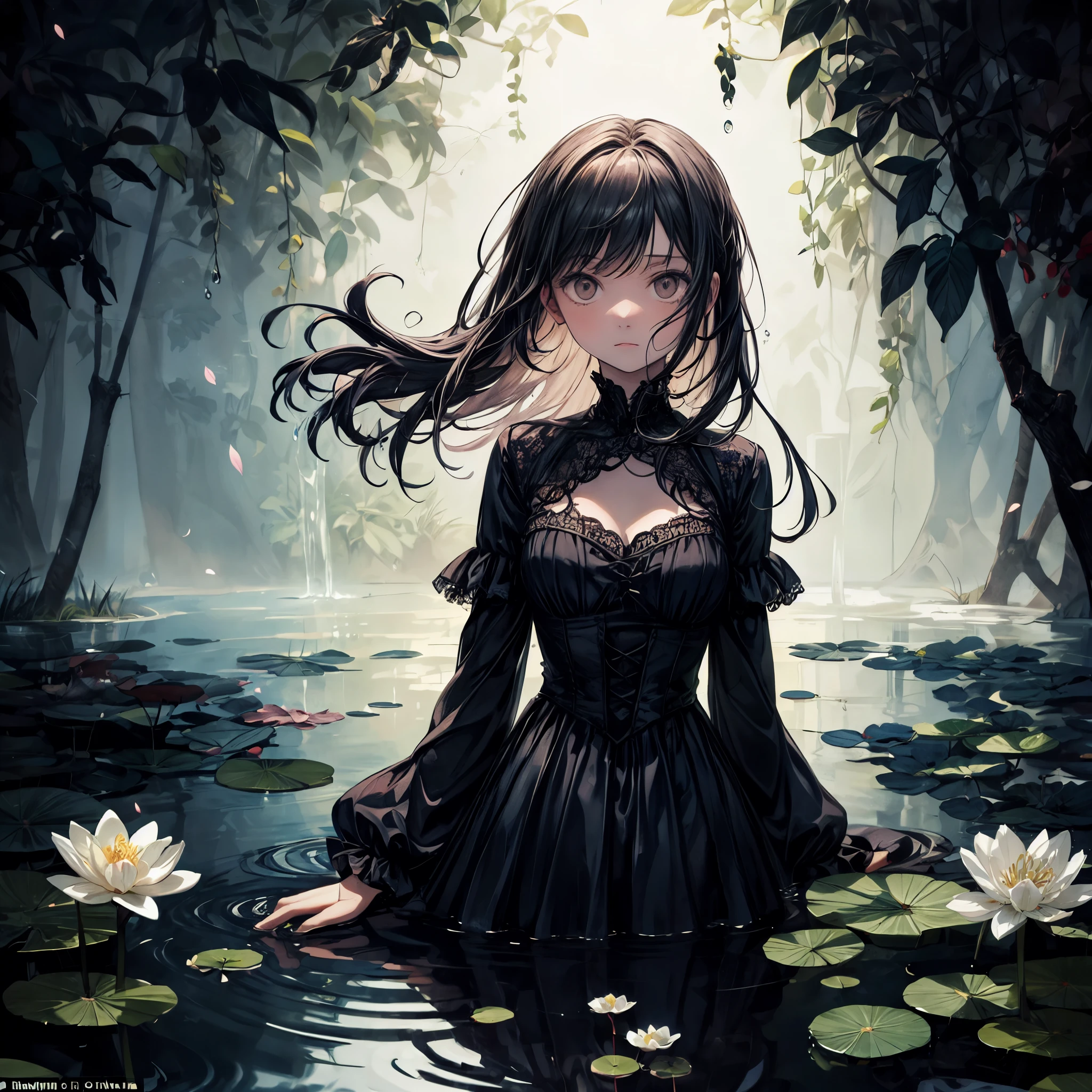 Base Layer: A Victorian-era room at twilight, shadows cast by the fading light through lace curtains, BREAK
Middle Layer: A girl with pale skin, her face half-submerged in a pond covered with lily pads and petals, eyes reflecting a haunting emptiness, BREAK
Foreground Layer: Victorian dress with dark lace and frills, a contrast of elegance and gloom, BREAK
Effect Layer: Soft focus on the girl's visible half-face, sharp clarity on the penetrating gaze and water droplets on her skin, BREAK
Final Touches: Chiaroscuro lighting highlighting the girl's delicate features against the dark water, reminiscent of the intense still from "Apocalypse Now".
