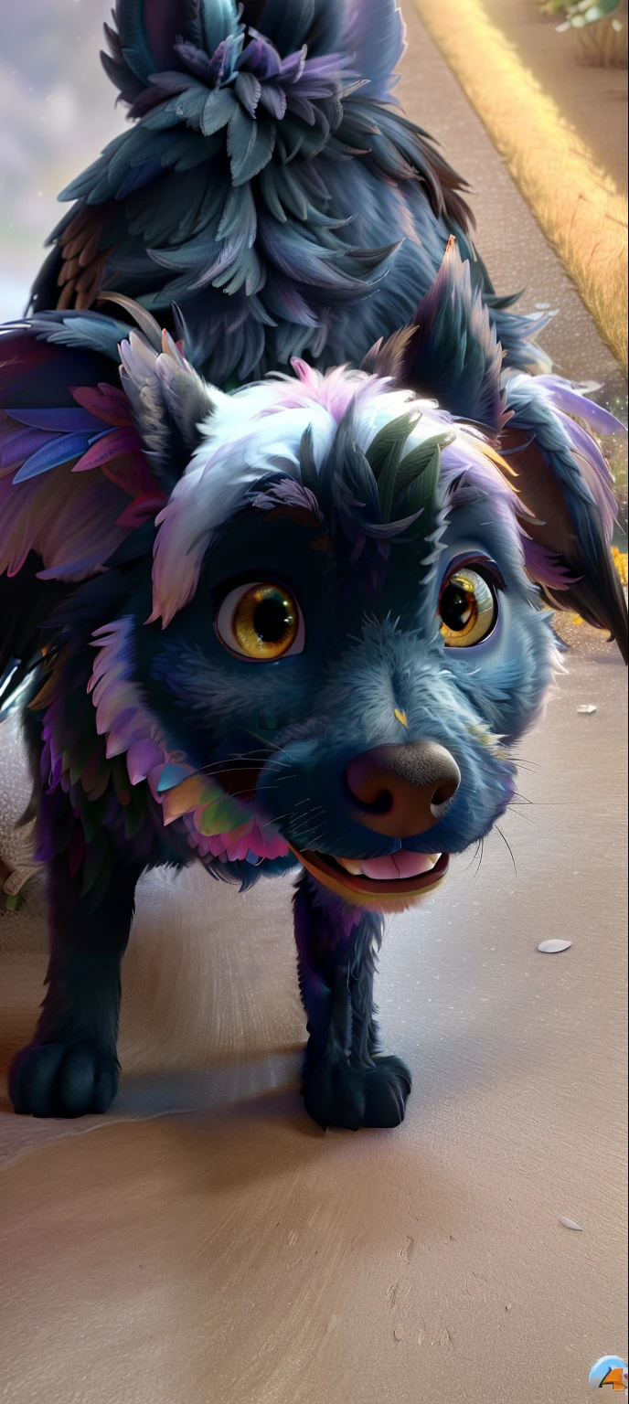 (high quality, best quality, 4k, 8k, highres, masterpiece:1.2), ultra-detailed, (realistic, photorealistic, photo-realistic:1.37), Disney Pixar-style winged dog, vibrant colors, soft lighting, playful expression, fluffy fur, beautiful detailed eyes, joyful atmosphere, magical garden scenery