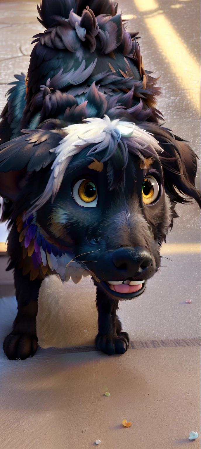 (high quality, best quality, 4k, 8k, highres, masterpiece:1.2), ultra-detailed, (realistic, photorealistic, photo-realistic:1.37), Disney Pixar-style winged dog, vibrant colors, soft lighting, playful expression, fluffy fur, beautiful detailed eyes, joyful atmosphere, magical garden scenery