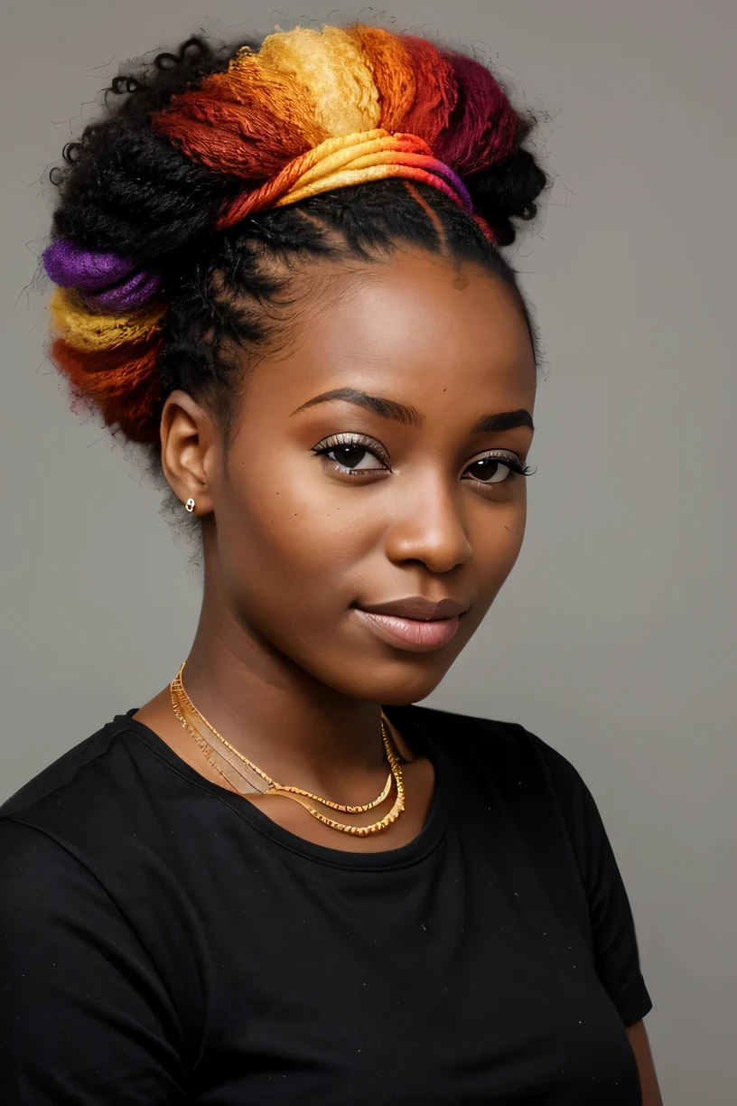 Femme Africaine from 20 years old, et spacieux, cheveux couleur arc-en-ciel, fond noir,