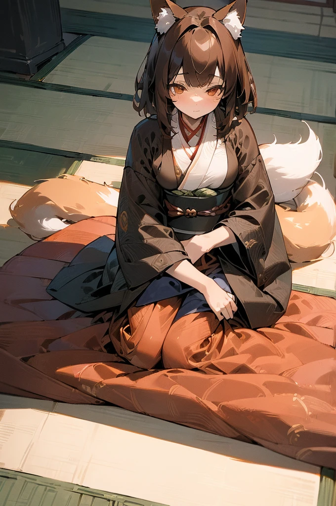 (((masterpiece))),(((bestquality))),((ultra-detailed)),(illustration),((an extremely delicate and beautiful)), fox girl, kitsune, brown hair, fluffy tail, detailed background, samurai outfit, sitting in a japanese room, tatami mat, holding a katana, long hair, full fringe, short hair