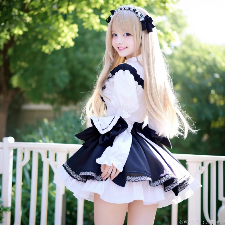 beautiful long blonde hair Slender Beautiful Girl gothic lolita clothes garden blue eyes Standing ceremony Beautiful smile white headdress mini skirt hands behind Black panties are visible