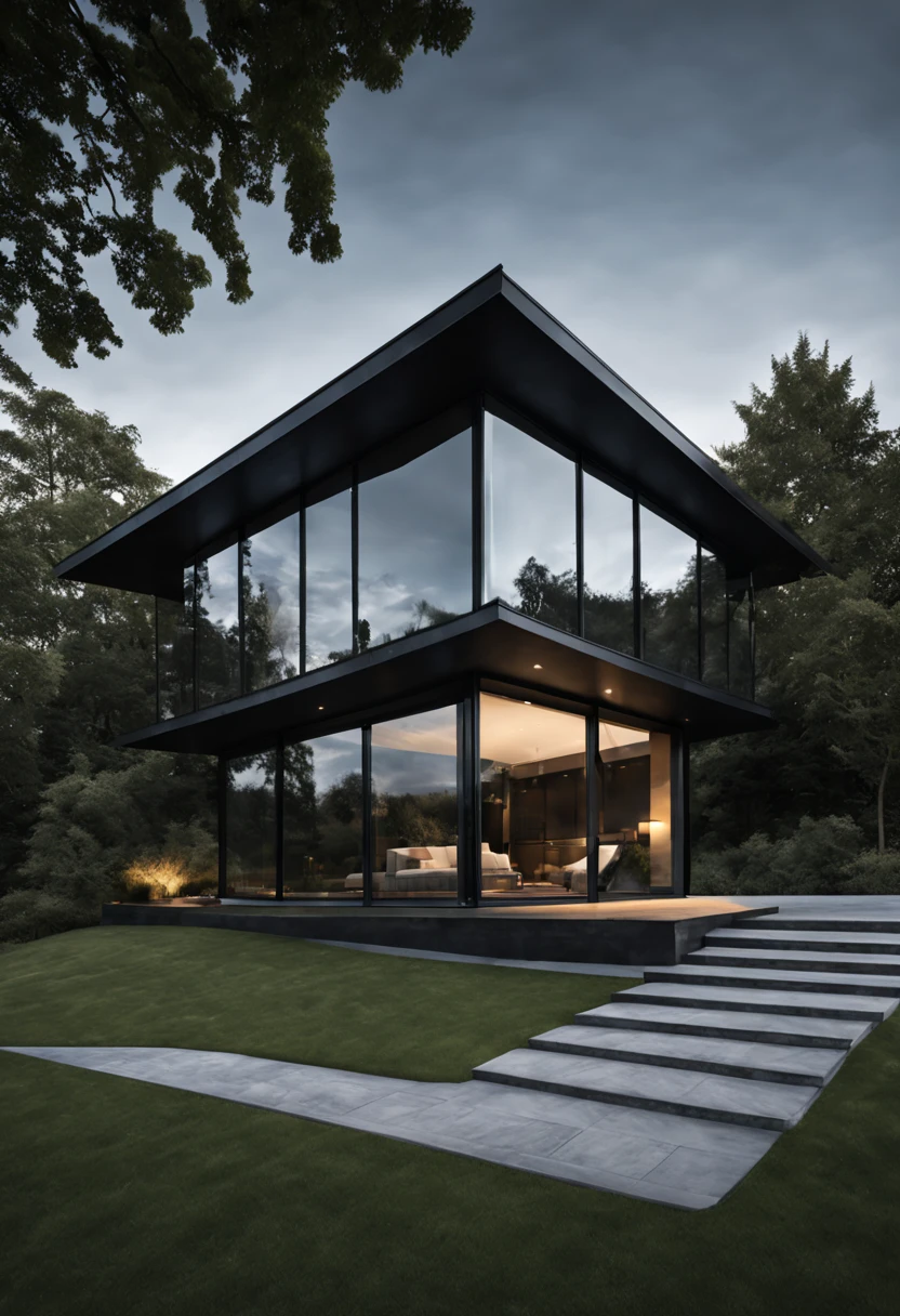 mordenhouse, house, glass house with a sloping roof, modern, dynamic (Raw photo, real, best quality, masterpiece:1.2), (hyper realistic, photo-realistic:1.2), High quality, (lighting dark:1.2), Perfect lighting, archaic