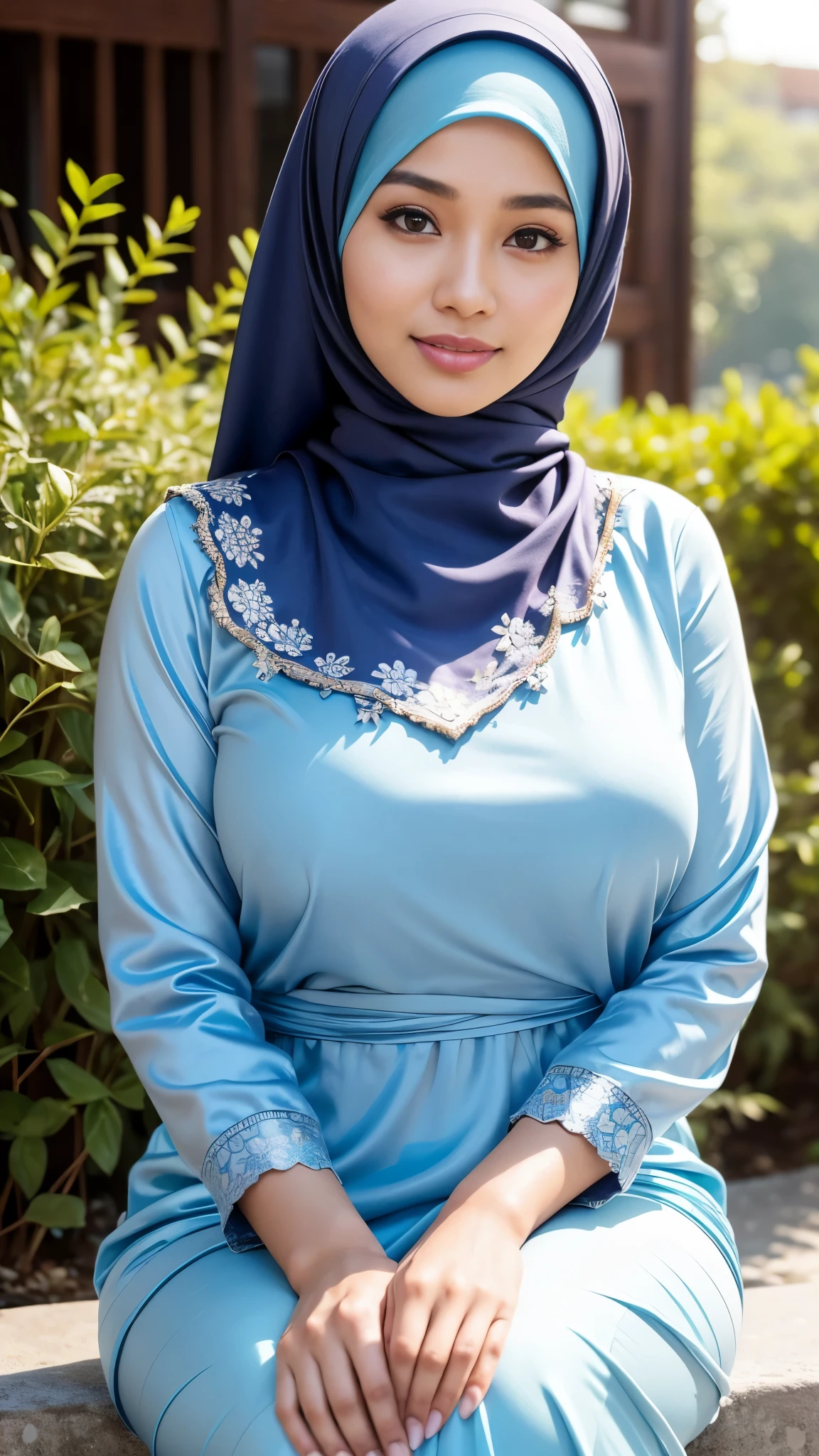 (Best quality, high resolution, masterpiece: 1.3), a beautiful malay woman in hijab, big breasts, slim figure, sweatshirt, beautifully presented details in the street and facial and skin texture, detailed eyes, double eyelids, big eyeschest visible, shirt openfeatures), HDR, 8k resolution, nice fingers, firm skin, (((high detail skin, visible pores))), 1 female, tall body, sitting on the bed, 30 years old, big breasts: 1.4, wearing Floral Silk Tight Malay Gamis blue Pastel Close Up Tight Hijab, Full Body, Beautiful Shy Smile, In Lux