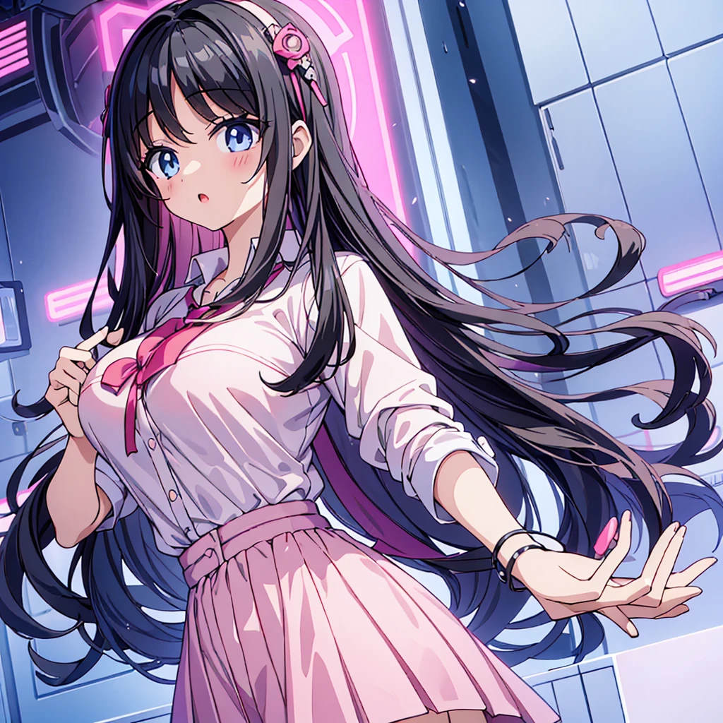 、Primary school students、child、Long Hair、((Small 、Small 、体型、Angry、Wounded Body、Blue ribbon))、((Pink 、See-through uniform、mini skirt、garter belt、Fishnet tights))、Walking through the school corridors、Sweating profusely