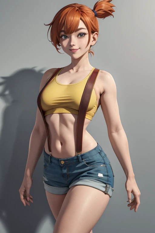 Pose desfilando, obra de arte, melhor qualidade, high resolution, 1 garota, enevoado (Pokémon), cabelo laranja, Sozinho, shorts, suspenders, rabo de cavalo lateral, Athletic body, cabelo laranja, barriga, tope amarelo, umbigo, cabelo curto, jeans shorts, sorriso, seios grandes, tiro de corpo inteiro, andando na cidade, high resolution, very high resolution, 1080P, 4k, 8k, 16k, muito detalhado, realista, 8k, Cinema 4D, Arte extremamente detalhado, [ Arte Digital 4K ]