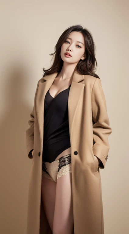 Wearing black underwear and a tan coat,,A woman with the same face as last time(misaki),4K、1people's women、slender、 Loose wavy styling 、seductive and attractive、full body shot、showing your butt,Including face and skin texture,detailed eyes、a seductive look