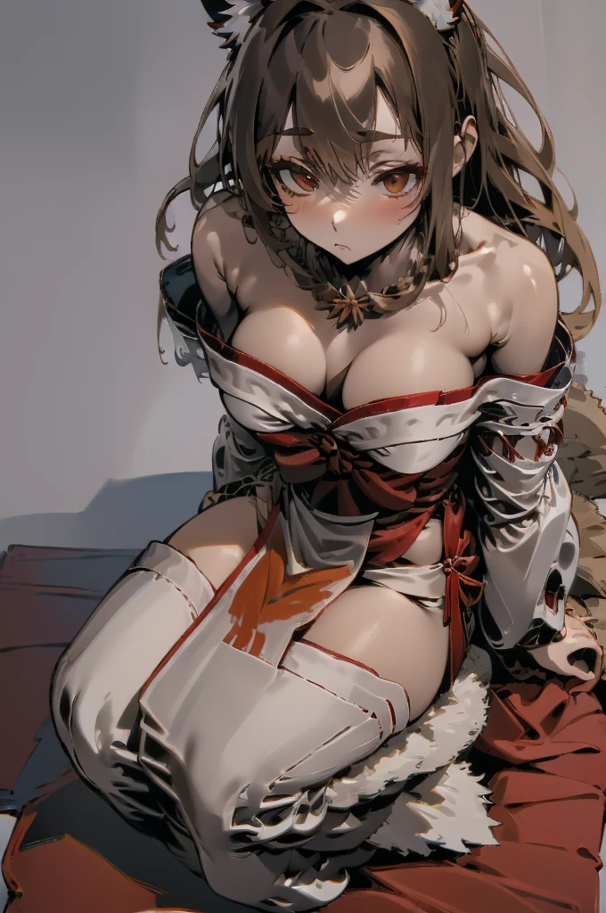 (((masterpiece))),(((bestquality))),((ultra-detailed)),(illustration),((an extremely delicate and beautiful)), fox girl, kitsune, brown hair, fluffy tail, detailed background, samurai outfit, sitting in a japanese room, tatami mat, holding a katana, long hair, full fringe