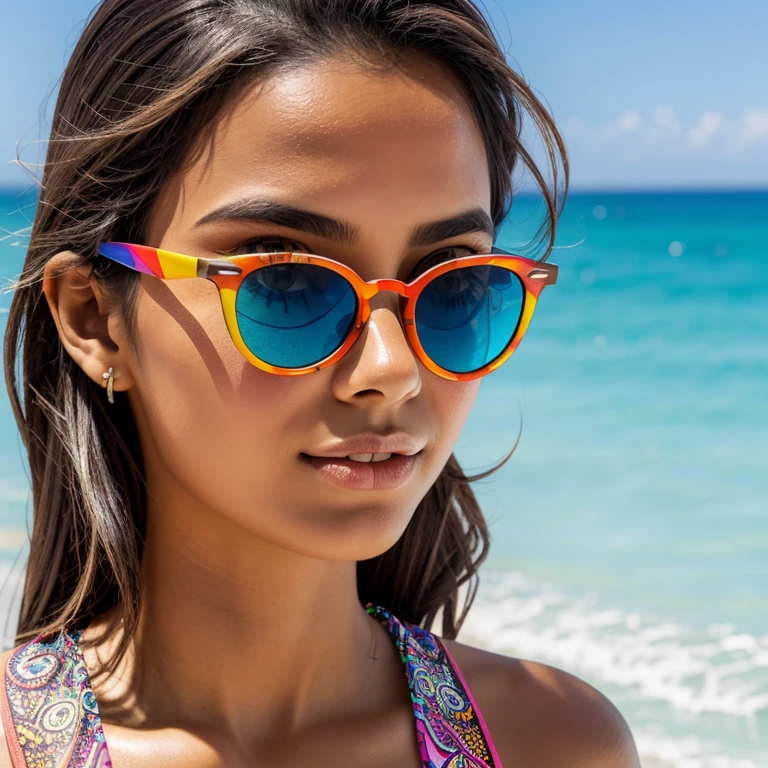 criei uma garota na praia, com um, Mordeno sunglasses, com lentes multicoloridas, wrap style adhesive frame, colorful decal print on frame 