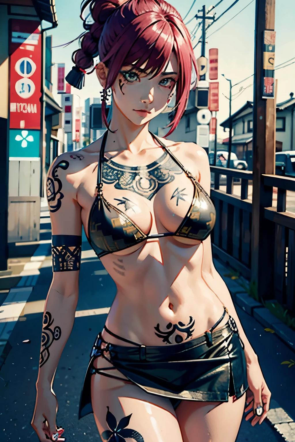 (best quality,4k,8k,high resolution,table:1.2),ultra-detailed,(realistic,photorealistic,Photorealistic:1.37),(Girl with Japanese pattern tattoos all over her body:1.8),Peculiar costumes,Japan women, Unique hairstyle, piercings: 1.8, a tiger, revealing clothes, expressive eyes, slim waist, athletic build, penetrating gaze, confident pose, creative lighting, Murder in the background, context, slum, Street fighting, no makeup, striking facial features ,Colorful leather bikini,Tattered skirt,Japan,unconventional,Her arms crossed,gold tooth,punk fashion,Noisy accessories:1.8,Attention-grabbing appearance,unconventional beauty,Abnormal muscularity:1.8,exquisite details,dramatic compositions ,Energetic brush strokes,Graffiti inspired art,Complex pattern,Futuristic elements,Emotional expression,Remorseless attitude,Dangerous self-confidence,audacious,Abdominal split:1.8,torn clothes,Mysterious aura,Killing,Assassin,Feared existence,Attracted by his charisma, A pink hair, cropped hair, she stands out from the crowd.
