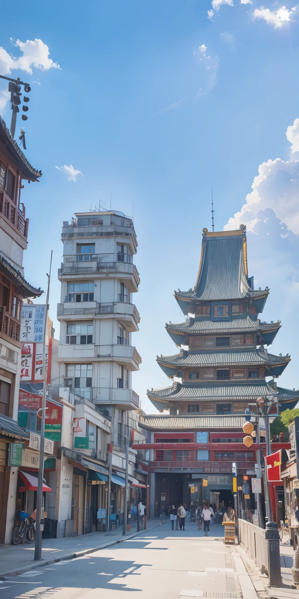 high quality, ultra detailed, masterpiece, realistic, blue sky, Chinese building 