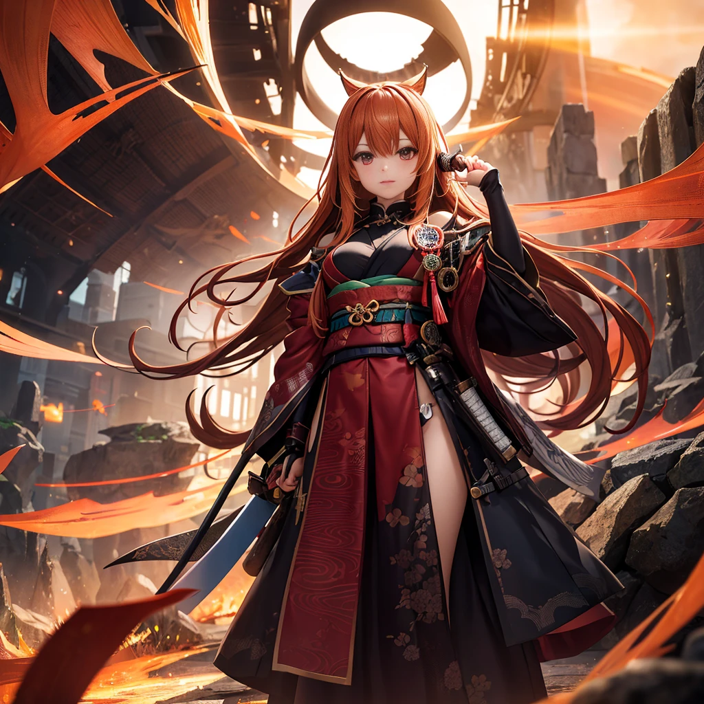 Anime girl standing in futuristic landscape, samurai figure, hieratic visionary style, dark orange and light vegilles, this beauty is incredible, hanging scrolls, characterizing animals, red shift, intertwining materials.