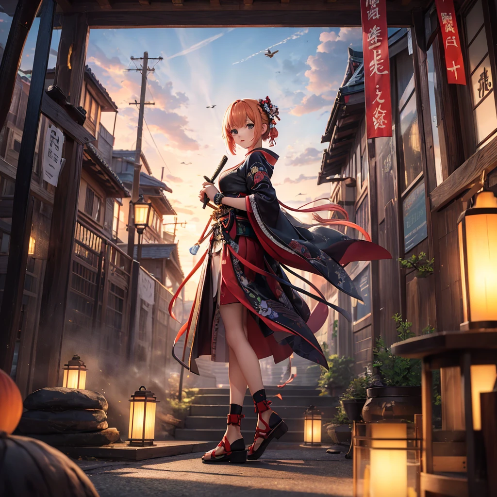 Anime girl standing in futuristic landscape, samurai figure, hieratic visionary style, dark orange and light vegilles, this beauty is incredible, hanging scrolls, characterizing animals, red shift, intertwining materials.