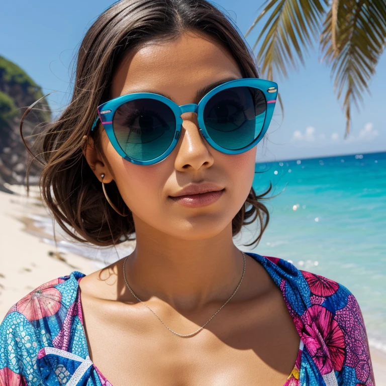 criei uma garota na praia, com um, Mordeno sunglasses, com lentes multicoloridas, wrap style adhesive frame, colorful decal print on frame