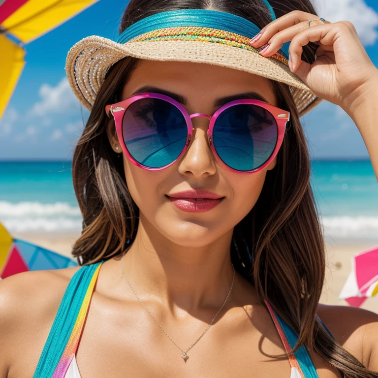 criei uma garota na praia, com um, Mordeno sunglasses, com lentes multicoloridas, wrap style adhesive frame, colorful decal print on frame 