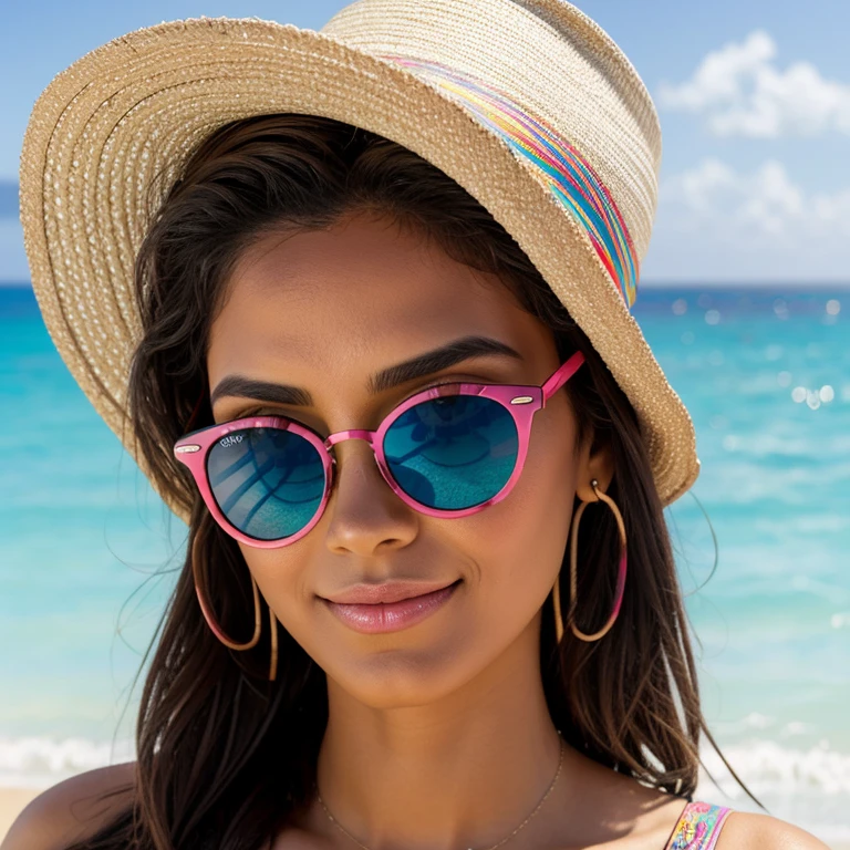 criei uma garota na praia, com um, Mordeno sunglasses, com lentes multicoloridas, wrap style adhesive frame, colorful decal print on frame