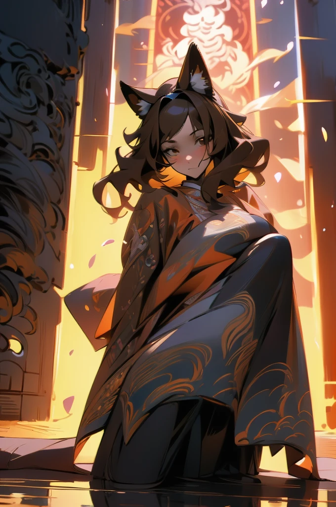 Masterpiece Best quality, the best definition to add aesthetic and lighting details black girl jackal, egiptian clothes, teen girl, black body, japanese shrine landscape, golden tattoo body, sensual eyes, red pupil, glowing eyes, traditional japasse kimono