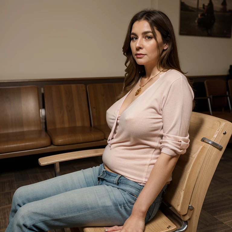 Cuckold chubby mature (56 fifty-six years old) thic voluptuous white hotwife, brown long hair,chubby belly, wearing jeans and pink blouse, golden necklace, sitting in a chair, clinic waiting room, reading a magazine, thinking expression, illustrations, ultra-detailed, realistic, vivid colors, full body picture, warm tones, soft lighting, photo from the side