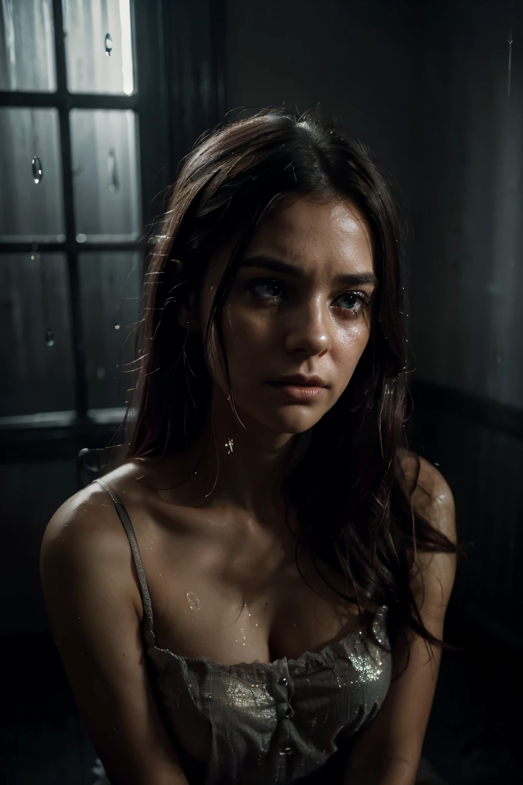 (best quality,4k,8k,highres,masterpiece:1.2),ultra-detailed,(realistic,photorealistic,photo-realistic:1.37),dark environment,seating in a corner,crying,tears on cheeks,pink hair,long hair,beautiful detailed eyes,beautiful detailed lips,extremely detailed eyes and face,long eyelashes,upset expression,gloomy scene,soft lighting,rain falling in the background,emotional atmosphere,lonely feeling,dusty room,subtle shadows,contrast between light and darkness,delicate textures,eerie ambiance,calm and quiet,mesmerizing colors,faint glimmer of hope in the distance,melancholic setting,reflection in a broken mirror,subdued palette,moody aura,distressed furniture,thought-provoking composition,subtle hints of sadness,painful moments captured,profound emotional depth,haunting beauty,serene yet mournful,whispering silence,sublime sorrow,visual poetry