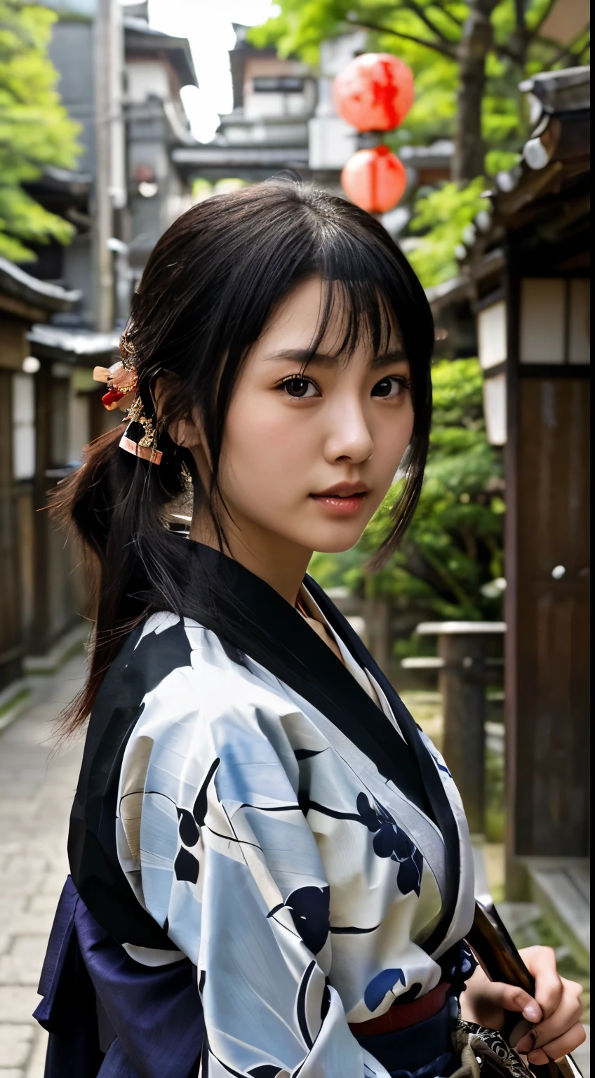 [[Illustrated NSFW]]、最high quality、high quality、best image quality、8K、最High resolution、High resolution、最high quality、masterpiece、RAW photo、realistic atmosphere、(detailed face)、(fine hands、thumb１reference４)、(beauty of japan )、very nice face、cute face、((beautiful japanese girl))、(japanese woman), ((18 year old beautiful girl))、(glossy black hair)、(straight long hair)、(ponytail)、whole body、slim style、(shiny skin)、(Fair skin, Glossy skin)、real human skin、realistic human body structure、perfect body， perfect face， perfect hands， perfect fingers， perfect lips， perfect eyes，perfect teeth、perfect background， perfect atmosphere， natural soft light、photon mapping、japanese samurai、japanese samurai、Japanese swordsman、((Japanese swordを持つ日本の女武士))、(girl wearing japanese samurai costume)、warrior girl、Japanese sword、japanese traditional、((Japanese sword(gently curved long sword))、Inspired by Miyamoto Musashi、Inspired by Oda Nobunaga、Inspired by Sengoku warlords、((鋭いJapanese swordを持つ女の子))、((Random color metallic with floral pattern(samurai kimono、Hakama with slit))、Movements that reflect the combat techniques cultivated as a samurai、battle pose