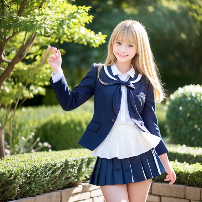 beautiful long blonde hair　Slender Beautiful Girl　school uniform　　pleated skirt　schoolyard　　blue eyes　Standing ceremony　Beautiful smile　mini skirt　Black panties are visible　long sleeve