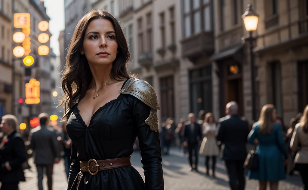 best quality,Europe and America,Fantasy,middle Ages,A woman,front Photo,Show the waist,50 years old,Exquisite facial sculpting,young,beautiful,slim,Noble,Succinct,daytime,photorealistic, movie lighting, depth of field, Bokeh, edge lighting, backlight, cool color,