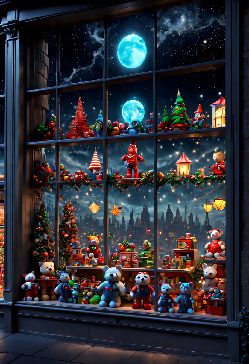 Toy Store, Window Display, night, by Rodney Joseph Byrne, octane render, enhance, intricate, (best quality, masterpiece, Representative work, official art, Professional, 8k wallpaper)