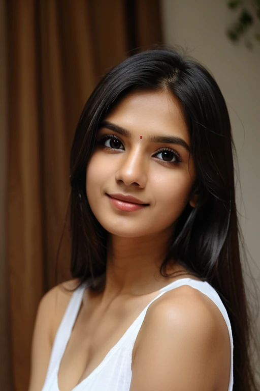 (((Masterpiece, highest quality)))), for an Indian Model Woman her age is 30. Make Straight Face on Picture. White Cute Girl.
