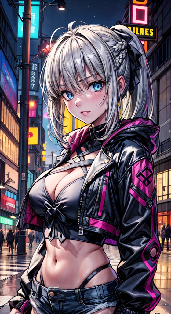 (Enrich the picture,Masterpiece level quality)Beautiful 8K CG artwork,1girl,solo,morgan le fay (fate),detailed face, perfect face, perfect eyes,blue eyes,Long Hair, pony tail,Very long hair, big boob, black bow,Hair Bow, thighs,side locks, French braid, grey hair,chuckle,Slim and soft,big breasts,cleavage,Black Bikini,denim short shorts,open shorts,oversized white fur coat,white coat,outdoors, night, neon lights,cyber punk,