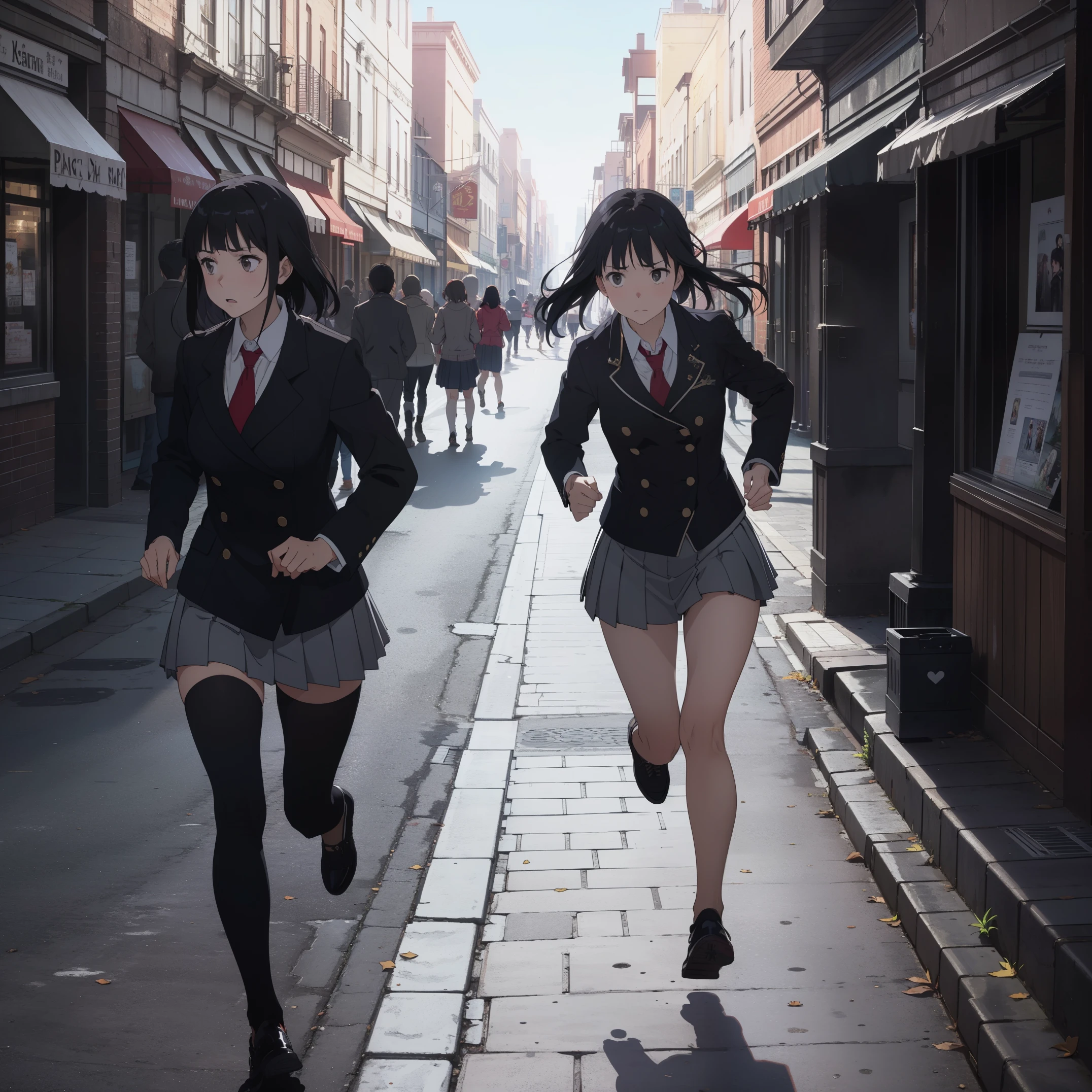 (Beautiful posture), 1Girl,slim, thin, ((black short skirt with pleats)),(((short double-breasted jacket))), (black very short jacket),(fitted clothing) ,a white blouse, (red tie short) ,(Mary Jane shoes),long bangs on face, (straight black hair to waist),gray eyes with a hint of purple, knee-deep portrait, sad, It&#39;s a nasty day, stands in the castle, ((emotion fear)) ,(turns around) , (((running down the street:1.4))) , ((Side view:1.4)) , ((between the crowd)) 