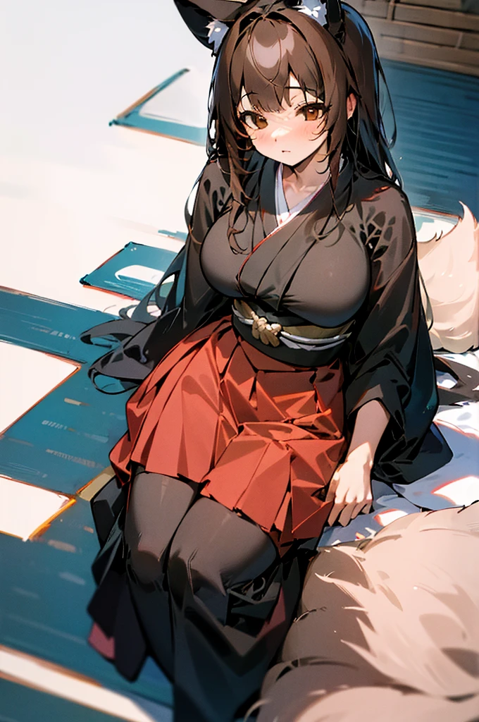 (((masterpiece))),(((bestquality))),((ultra-detailed)),(illustration),((an extremely delicate and beautiful)), fox girl, kitsune, brown hair, fluffy tail, detailed background, samurai outfit, sitting in a japanese room, tatami mat, holding a katana, long hair, full fringe