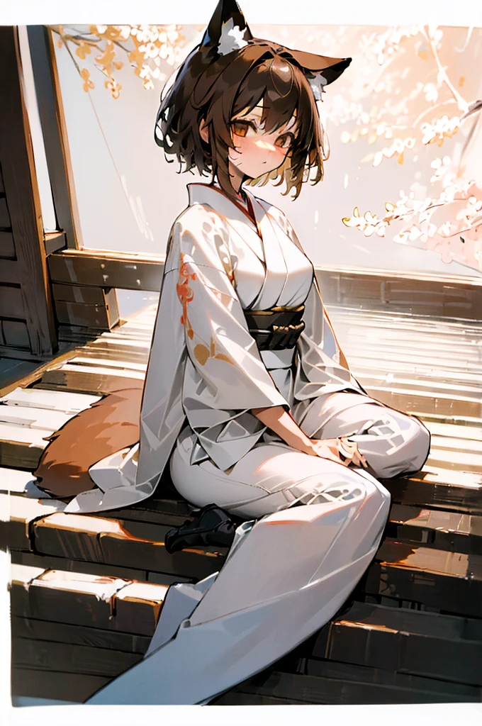 (((masterpiece))),(((bestquality))),((ultra-detailed)),(illustration),((an extremely delicate and beautiful)), fox girl, kitsune, brown hair, fluffy tail, detailed background, samurai outfit, sitting in a japanese room, tatami mat, holding a katana, short hair, full fringe, tomboy appearance, samurai girl