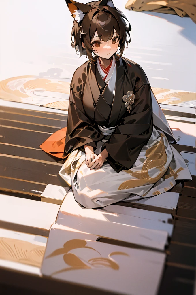 (((masterpiece))),(((bestquality))),((ultra-detailed)),(illustration),((an extremely delicate and beautiful)), fox girl, kitsune, brown hair, fluffy tail, detailed background, samurai outfit, sitting in a japanese room, tatami mat, holding a katana, short hair, full fringe, tomboy appearance, samurai girl