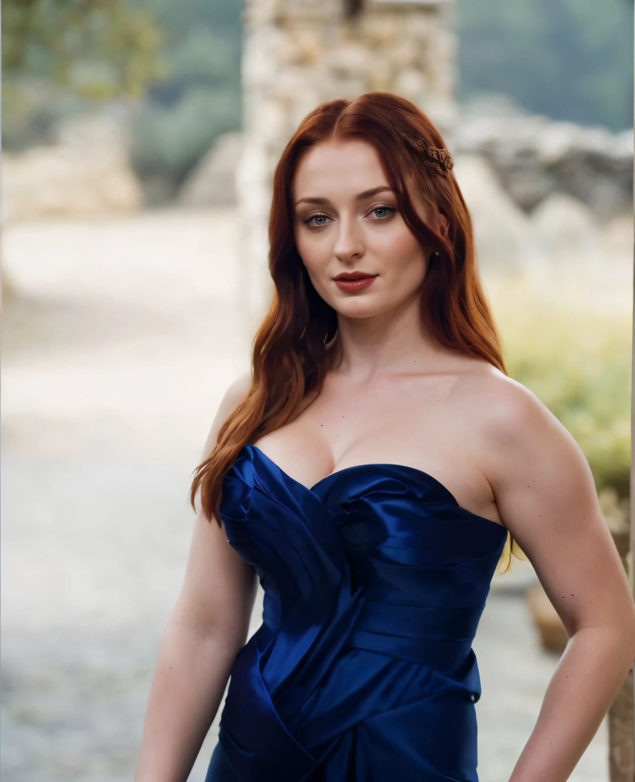 Sophie Turner, the de facto Lady of the Eyrie, is a 40-year-old mature queen with a stunning, alluring appearance. Full Face, reddish lips, upper body shot, erotic Mediaeval costumes, game of thrones costumes, She wears a Game of Thrones-inspired costume and has a deep cleavage, a perfect thick body, and a perfect thick figure. The photograph captures her in a close-up, with her skin texture and facial features being ultra-realistic and realistic.