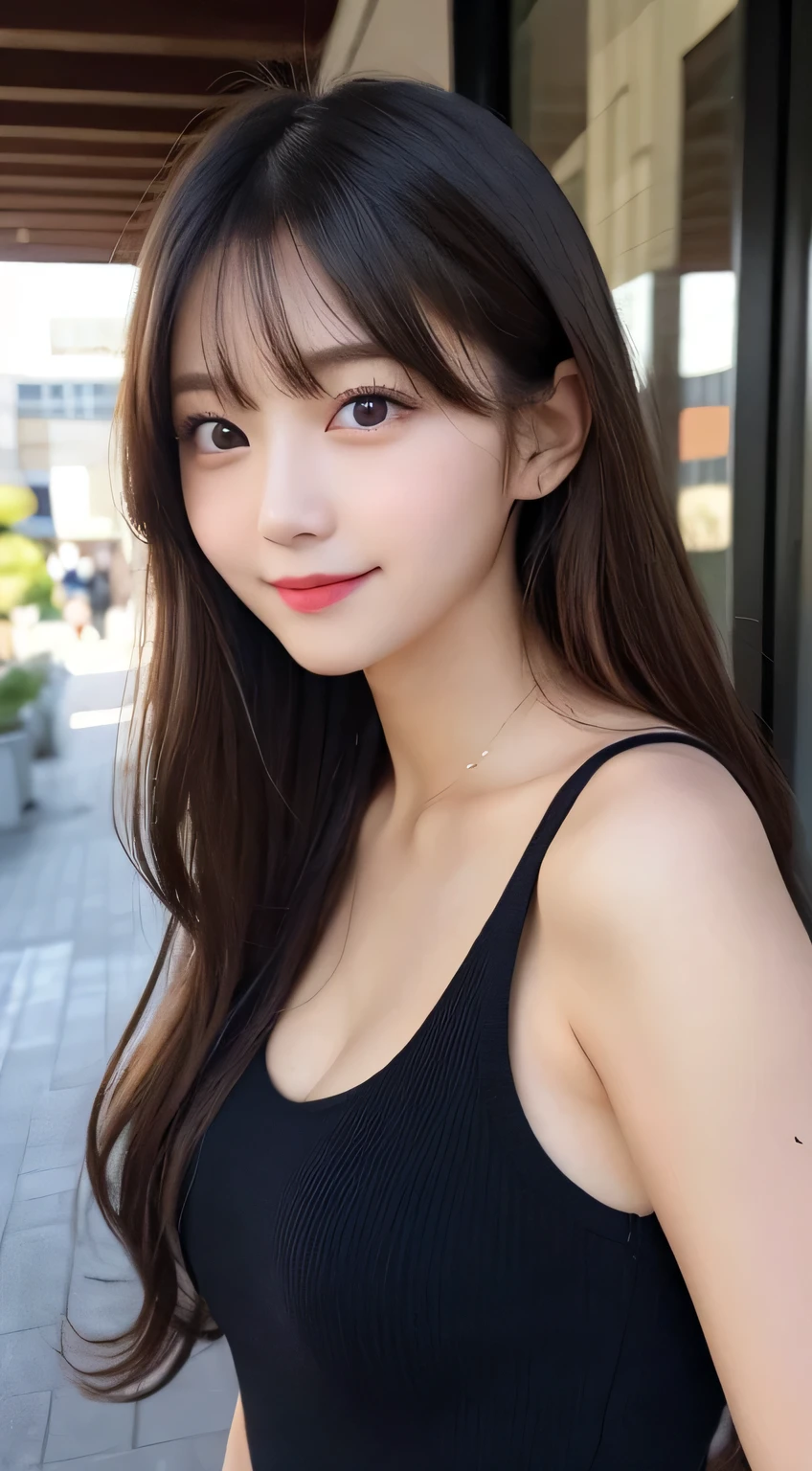 table top, highest quality, shape, Super detailed, finely, High resolution, 8k wallpaper, 完璧なダイナミックな構shape, beautiful and detailed eyes, ladies fashion summer,medium hair,small breasts natural color lip, bold sexy pose,smile,Harajuku、20 year old girl、cute、sexy shot looking at camera