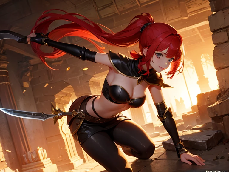 masterpiece 最high quality high quality 1Man Cute Woman fantasy adventurer Inside the dungeon Inside the ruins Attack with a two-handed sword Slashing jump Princess Knight older sister battle effect smile Uplifting red hair ponytail Very big breasts