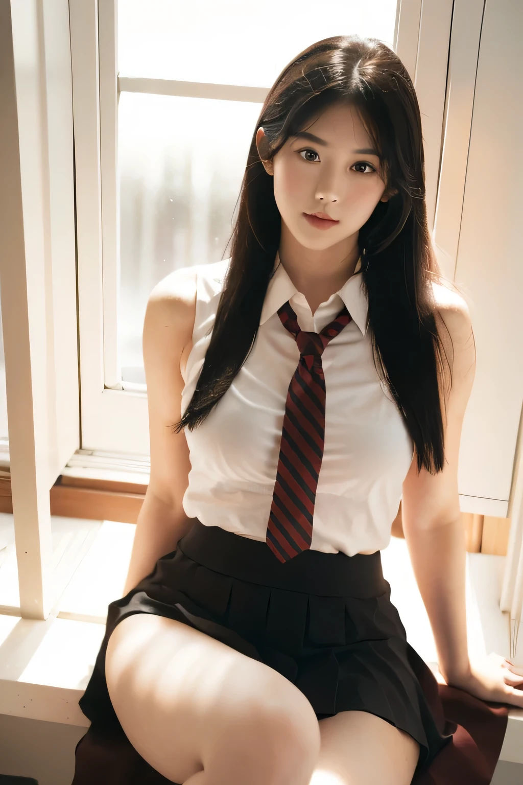 female high school student，big，upper body、Red tie、Black pleated skirt，sitting at classroom table，legs open，Strike a sexy pose。 Full frontal photo，Obvious muscle lines，hazy eyes，graceful posture。 Rich in details，HD，Realistic photography，Delicate warm light，photo style。