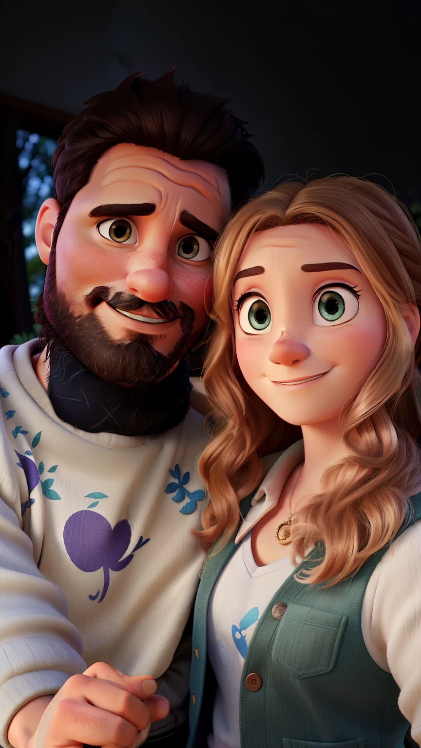 37 year old man and 33 year old wife Disney Pixar poster style in high resolution and quality, with trees as photo background!