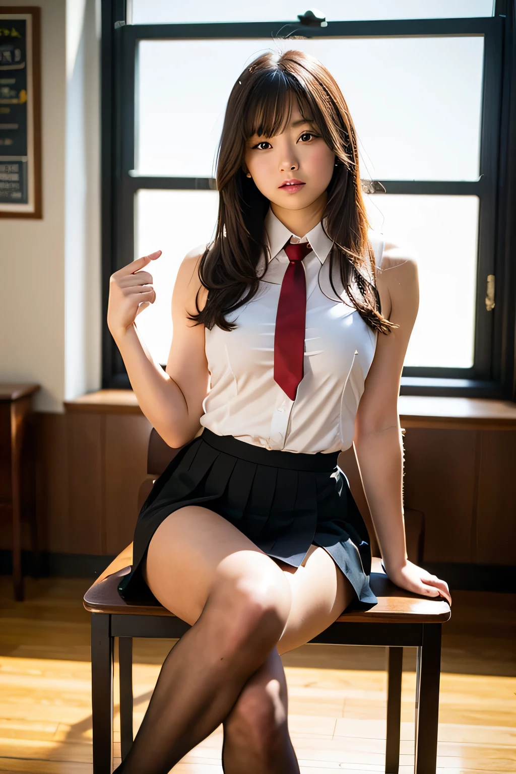 female high school student,big,upper body、Red tie、Black pleated skirt,sitting at classroom table,legs open,Strike a sexy pose。 Full frontal photo,Obvious muscle lines,hazy eyes,graceful posture。 Rich in details,HD,Realistic photography,Delicate warm light,photo style。